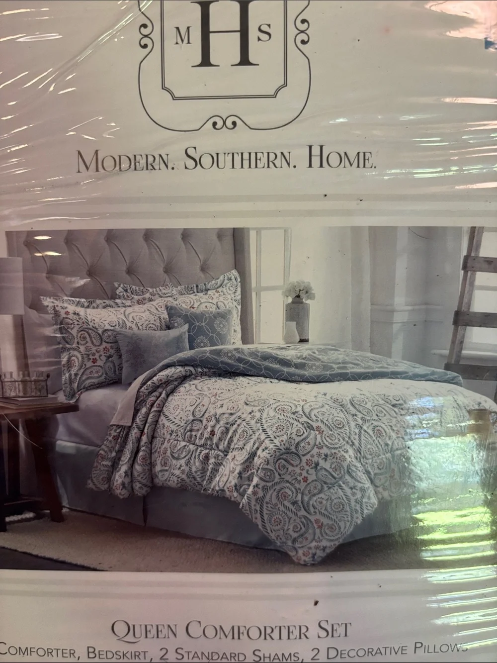 Queen Comforter Set in Teal and White Paisley